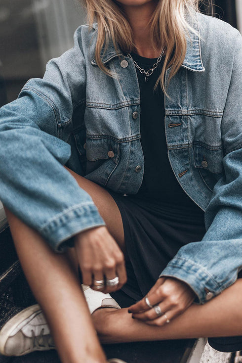 Metal Buttons Flap Pocket Drop Shoulder Denim Jacket